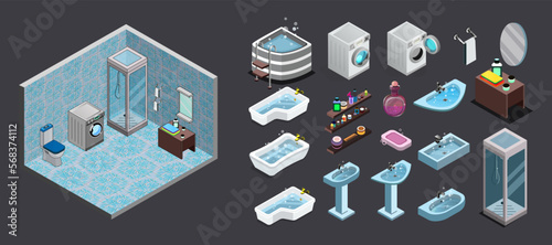 A set of isometric items for the bathroom. Vector interior, cartoon graphics for a game simulator, magazine illustration, visualization of a room. Sinks, shower cubicles, bathrooms, Jacuzzi, shelves.