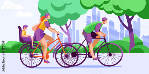 A young family of cyclists on a walk. A man and a woman with a baby on a bicycle. Vector illustration in bright colors. Summer landscape. Horizontal banner.