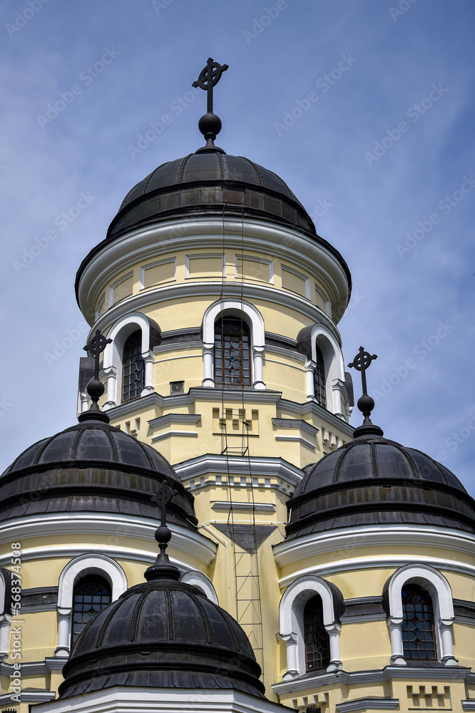 View of domes of winter church of Holy Dormition Kapriansky Monastery in Moldova.  Monastery was founded in 1420. Concept religion, christianity, orthodoxy.