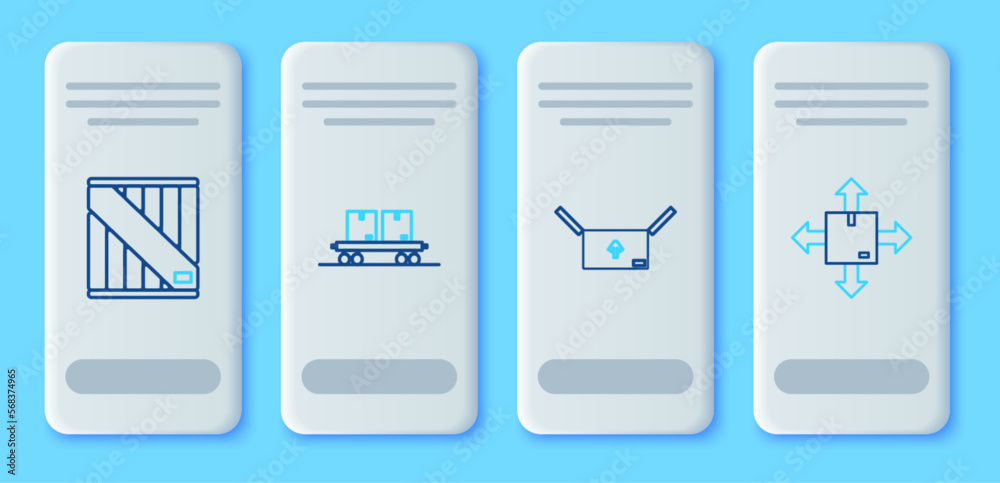 Set line Railway carriage, Cardboard box with traffic symbol, Wooden and icon. Vector