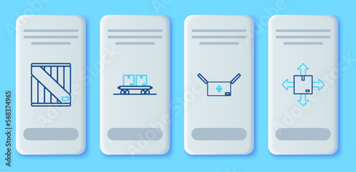 Set line Railway carriage, Cardboard box with traffic symbol, Wooden and icon. Vector