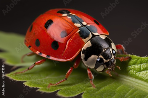 Close-up of ladybug on leaf with its bright red and black markings, concept of Macro Photography and Nature Photography, created with Generative AI technology © koldunova