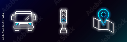 Set line Folded map with location marker, Bus and Traffic light icon. Glowing neon. Vector