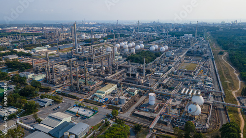 Aerial view of Oil and gas industry - refinery, Shot from drone of Oil refinery and Petrochemical plant at twilight, Rayong, Thailand