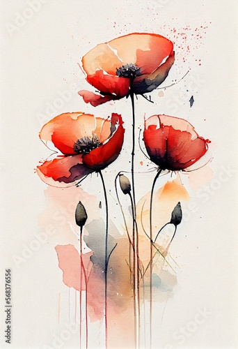 Fototapeta Naklejka Na Ścianę i Meble -  Watercolor painting of blooming poppy flowers, Generative AI