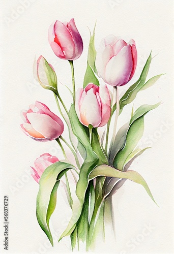 Watercolor painting of blooming tulip flowers, Generative AI photo