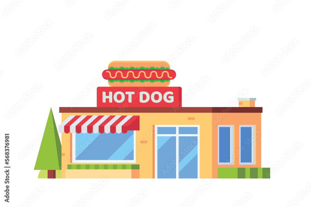 Vector fast food hot dog restaurant building flat design illustration Vector fast food hot dog restaurant building flat design illustration