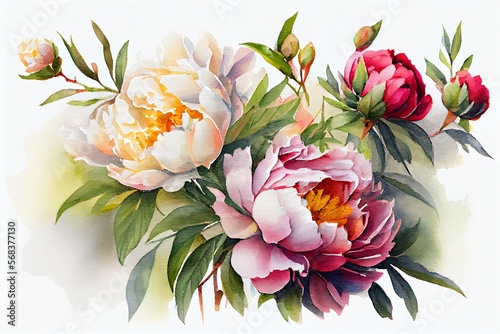 Fototapeta Naklejka Na Ścianę i Meble -  Watercolor painting of blooming peonies flowers, Generative AI