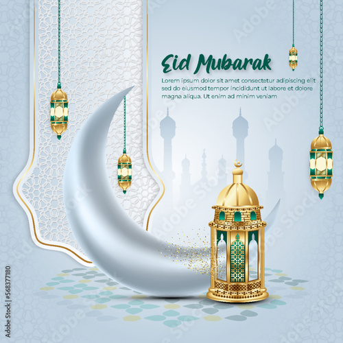 Islamic greetings Eid Mubarak card design with beautiful crescent moon mosque line and lanterns, Eid social media post template design