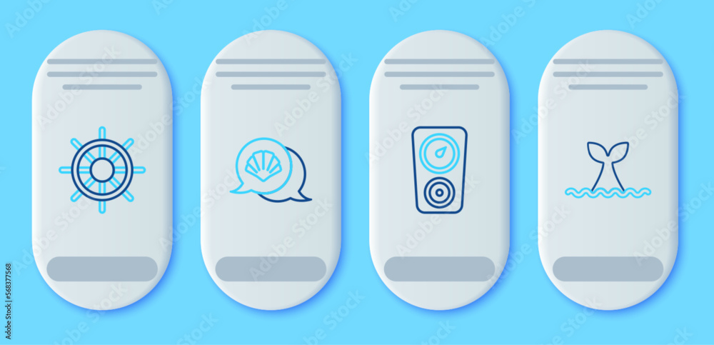 Set line Scallop sea shell, Gauge scale, Ship steering wheel and Whale tail ocean wave icon. Vector Set line Scallop sea shell, Gauge scale, Ship steering wheel and Whale tail ocean wave icon. Vector