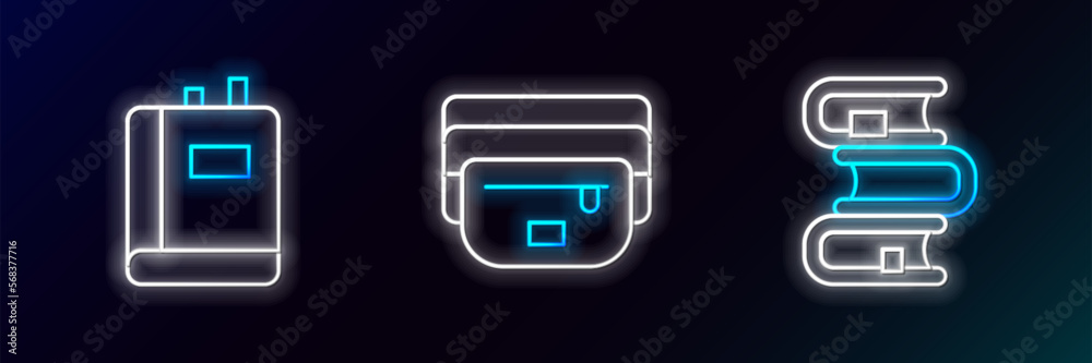 Set line Book, and Waist bag of banana icon. Glowing neon. Vector Set line Book, and Waist bag of banana icon. Glowing neon. Vector