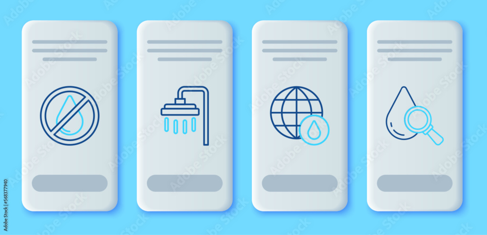 Set line Shower, Earth planet in water drop, Water forbidden and Drop and magnifying glass icon. Vector Set line Shower, Earth planet in water drop, Water forbidden and Drop and magnifying glass icon. Vector