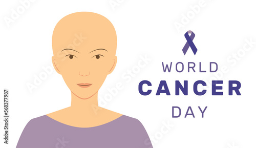 Vector illustration of World cancer day with purple ribbon and cartoon hairless woman