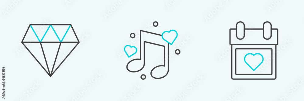 Set line Calendar with heart, Diamond and Music note, tone hearts icon. Vector Set line Calendar with heart, Diamond and Music note, tone hearts icon. Vector