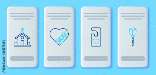 Set line Candy in heart shaped box and bow, Please do not disturb with, Church building and Flower rose icon. Vector