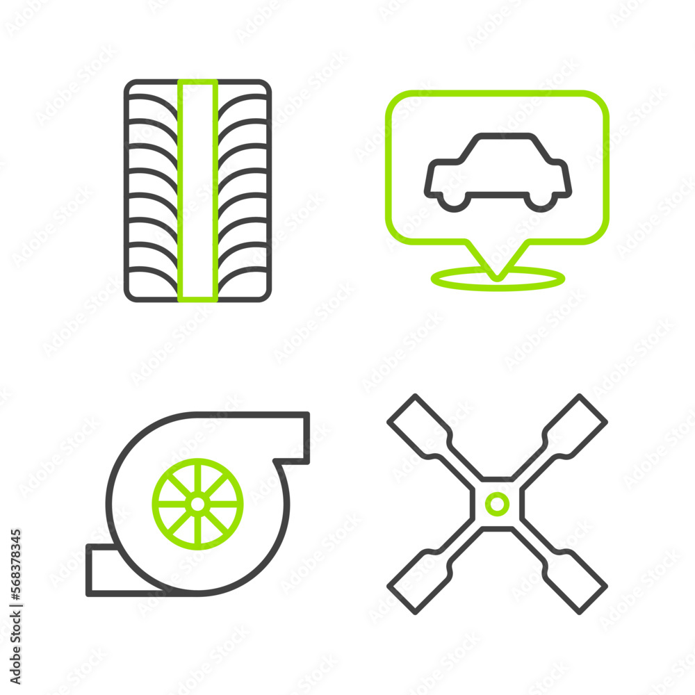 Set line Wheel wrench, Automotive turbocharger, Car service and tire wheel icon. Vector Set line Wheel wrench, Automotive turbocharger, Car service and tire wheel icon. Vector