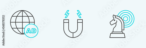 Set line Chess, Advertising and Magnet icon. Vector