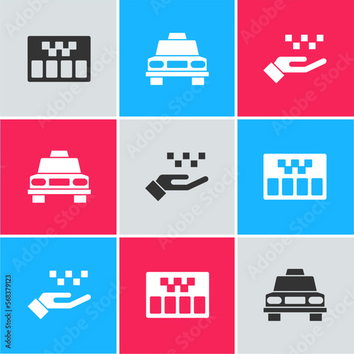 Set Taximeter, car and Hand with taxi icon. Vector