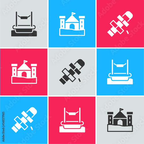 Set Bungee, Sand castle and Hopscotch icon. Vector