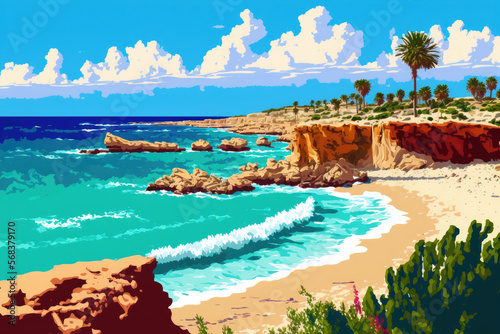 Mediterranean Sea coastline in Cyprus. District of Paphos' Lara Beach. Generative AI photo