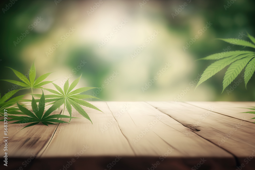 empty wooden table top with a blurry background of cannabis plants, ai generated
