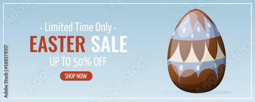 Easter sale. Large decorated chicken egg. Vector illustration for the spring holiday. Horizontal banner, flyer, poster