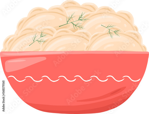 Ukrainian dumpling pierogi in plate in cartoon style
