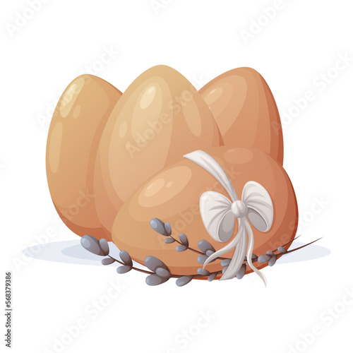 Chicken eggs of natural color with a bow and willow branches. Easter vector illustration for the holiday, isolated background