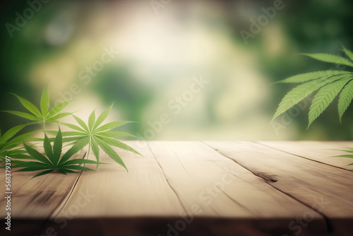 empty wooden table top with a blurry background of cannabis plants  ai generated