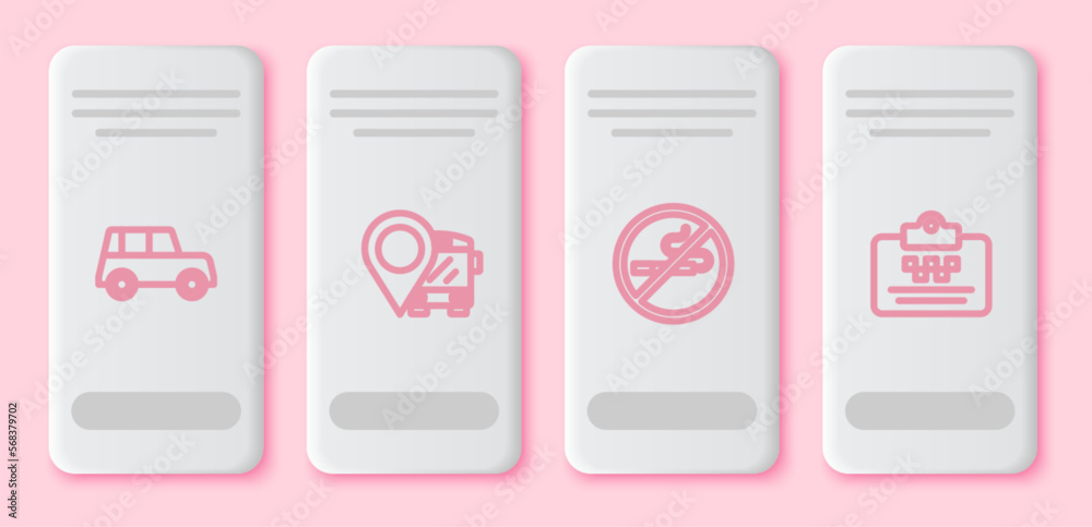 Set line Car, Location with bus, No Smoking and Taxi driver license. White rectangle button. Vector Set line Car, Location with bus, No Smoking and Taxi driver license. White rectangle button. Vector