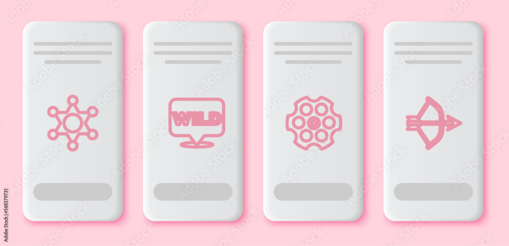 Set line Hexagram sheriff, Pointer to wild west, Revolver cylinder and Bow and arrow quiver. White rectangle button. Vector Set line Hexagram sheriff, Pointer to wild west, Revolver cylinder and Bow and arrow quiver. White rectangle button. Vector