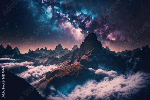 Milky Way above mountains in fog at night in autumn. Landscape with alpine mountain valley, low clouds, purple starry sky with milky way, city illumination. Aerial. Passo Giau, Dolomites, Italy. Space