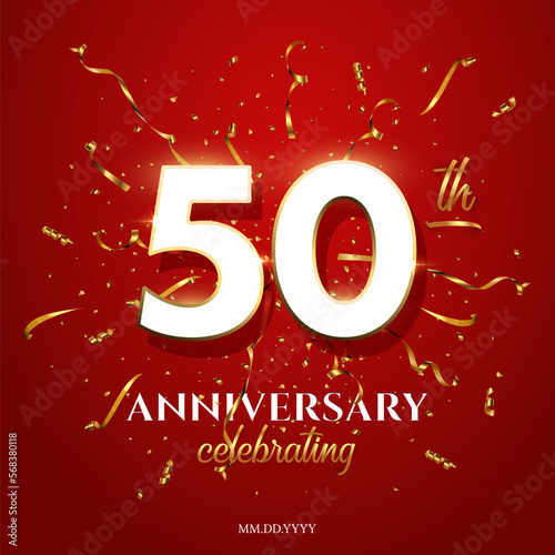 50 Anniversary Celebrating text with golden serpentine and confetti on red background. Vector fifty anniversary celebration event square template with white numbers with gold frame