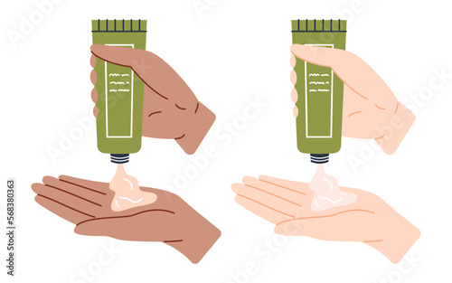 Two women's hands squeezing cream from a green tube onto a palm. Vector skincare illustration. Black and white girls using hand cream. Daily cosmetic. Dark and light skin women using cosmetic cream.