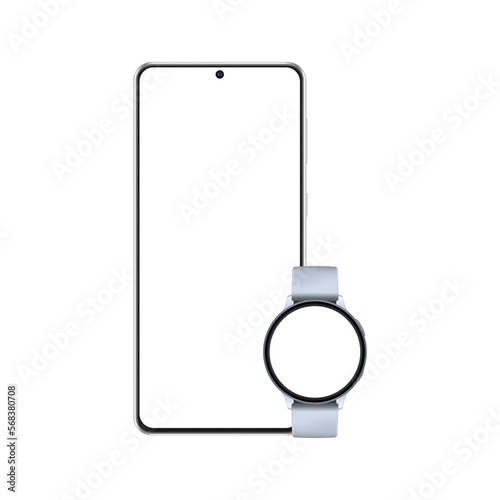 Frameless Smartphone and Round Wrist Watch Mockup, Isolated on White Background. Vector Illustration