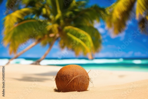 High-Resolution Image of a Tropical Oasis Featuring a Coconut and a Palm Tree Against a Clear Sky, Perfect for Creating a Relaxing and Exotic Mood