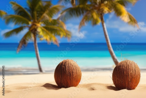 High-Resolution Image of a Tropical Oasis Featuring a Coconut and a Palm Tree Against a Clear Sky, Perfect for Creating a Relaxing and Exotic Mood