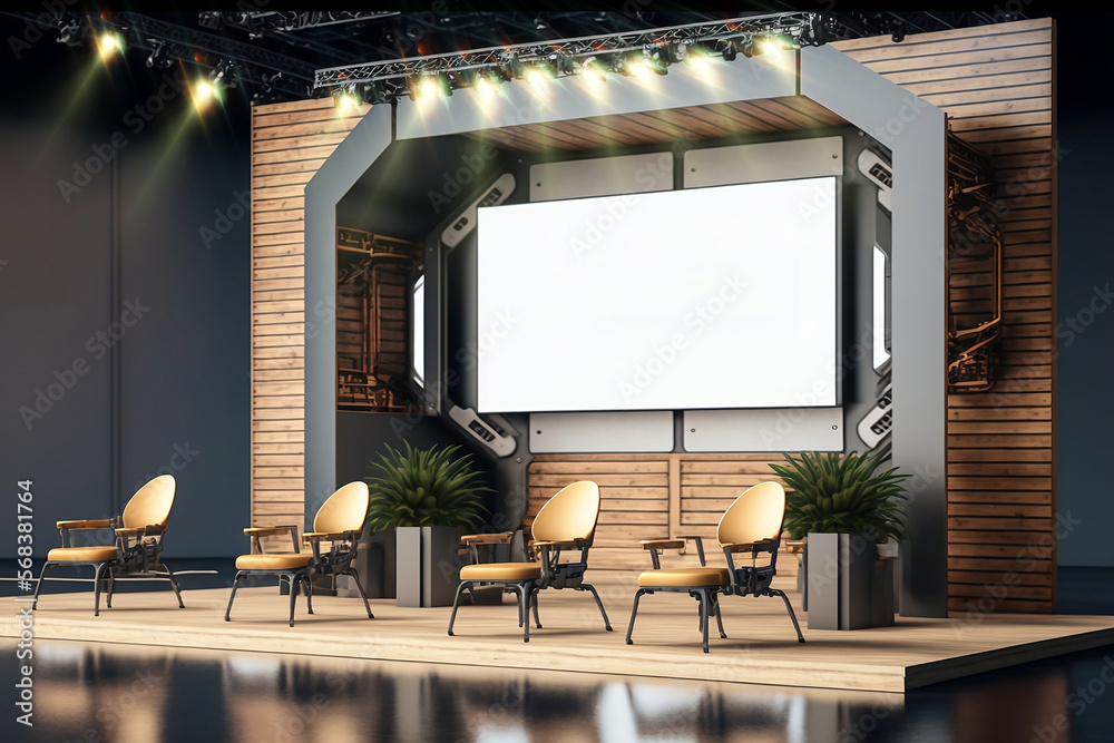 Wood and metal event stage with conference panel chairs, industrial