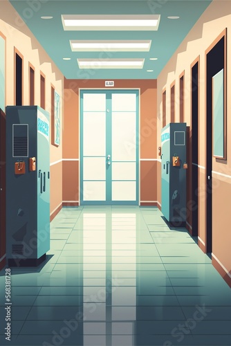 cartoon illustration, empty school corridor with lockers,generative ai