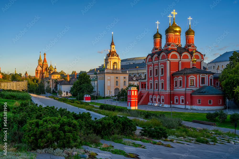 View of churches of Varvarka,  Saint Basil's Cathedral and Zaryadye Park in Moscow, Russia. Architecture and landmarks of Moscow. Sunrise cityscape of Moscow.