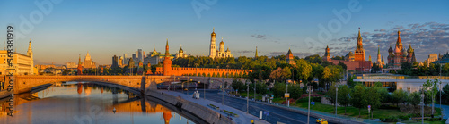 Panorama of Moscow Kremlin, Spasskaya Tower, Saint Basil's Cathedral, Park Zaryadye in Moscow, Russia. Architecture and landmarks of Moscow. Postcard of Moscow