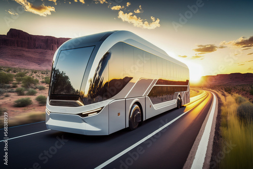 Autonomous transportation: sleek white and grey driverless bus on the road, Generative AI photo