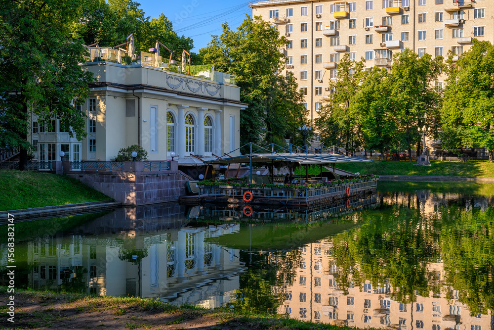 Patriarch's Ponds in center of Moscow, Russia. Cozy cityscape in Moscow. Architecture and landmarks of Moscow.