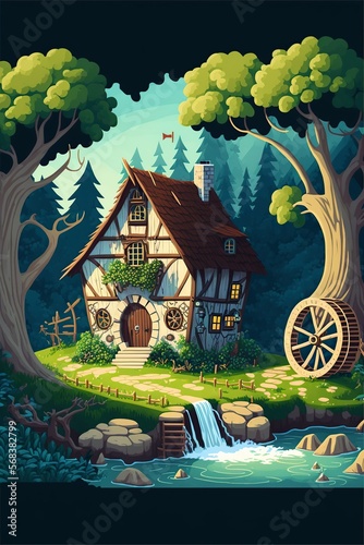 illustration of cartoon gnome village with houses water mill and lanterns in the forest, ai generative