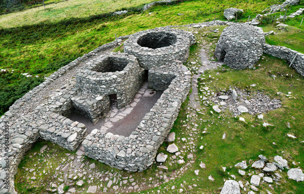 Beehive huts and cashel known as Caherconnor. Part of Fahan Group of ancient clochan settlements on Dingle peninsula County Kerry 4km west of Ventry