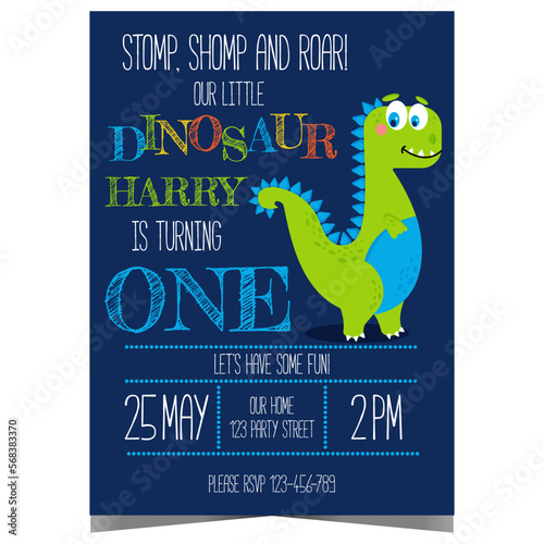 Dinosaur birthday party invitation vector template. Children's birthday celebration poster, banner or invite card design with cute happy cartoon dino and colourful text. Ready to print illustration.