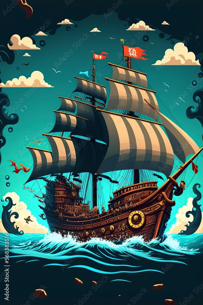 cartoon illustration, pirate ship with black flag and sails, ai generative