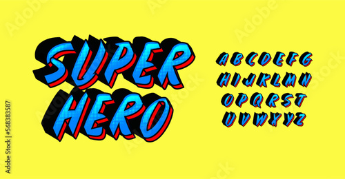 Comic book alphabet, superhero dynamic letters, onomatopoeia font for cartoon logo and headline, funny vintage typography with 3d effect, game design. Vector typographic design.