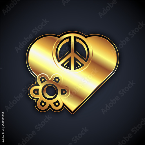 Gold Love peace icon isolated on black background. Hippie symbol of peace. Vector