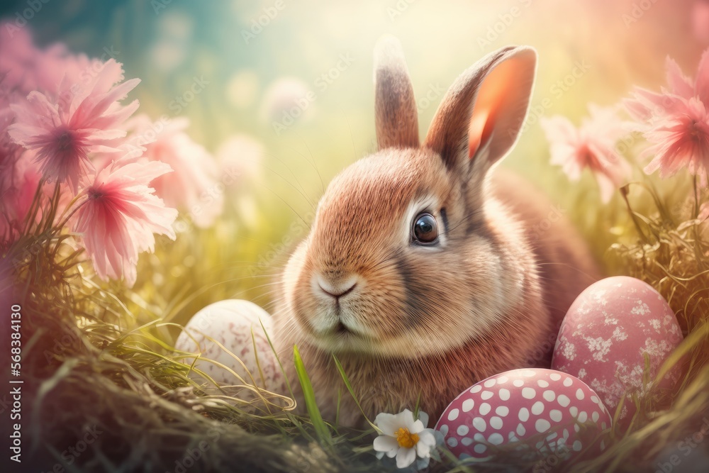 Fototapeta premium cute rabbit in the grass, Easter hollidays, flowers, grass, springtime, colored easter eggs, with Bokeh generated by AI